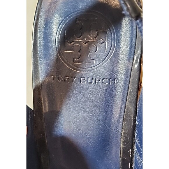 Tory Burch Navy Blue Patent Rope Bow Wedge Slingback Peep Toe Sandals Womens 10 - Picture 5 of 11